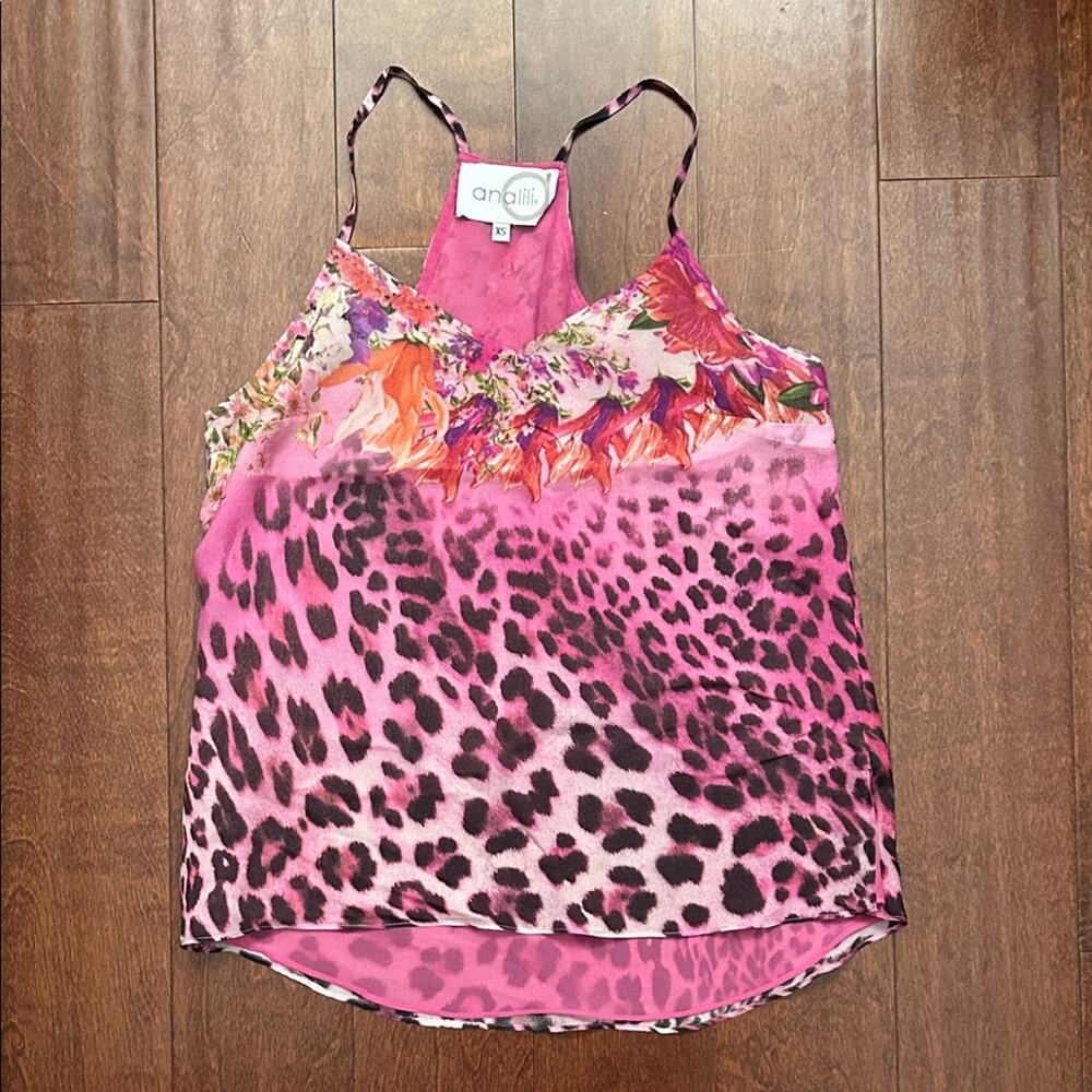 Analili 100% Silk Pink Floral & Leopard Camisole, Maximalist Resort Wear Size XS